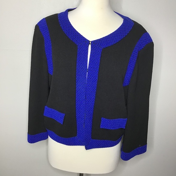 St. John Black Blue Cropped Jacket Sz 16